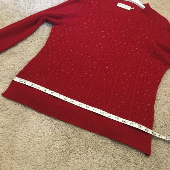 Vintage 80s Cherry Red Cable Knit Beaded Ribbed Sleeve Sweater - Picture 14 of 16